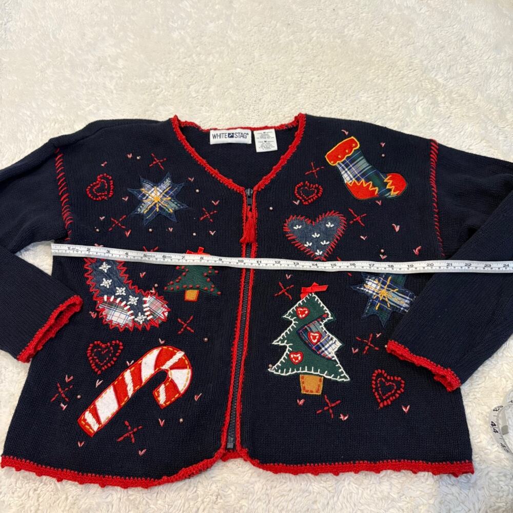 VTG Christmas Navy Women M Stocking Holiday 90s Retro Festive Cotton Embroidered - Picture 3 of 5